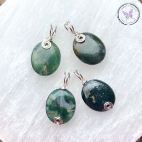 Moss Agate Oval Silver Swirl Pendant